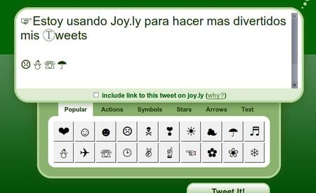 Joy.ly, Incluye emoticonos y simbolos en tus tweets
