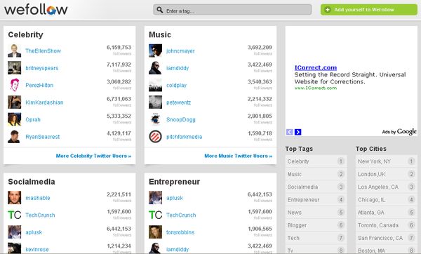 Wefollow, directorio con los usuarios más populares de Twitter