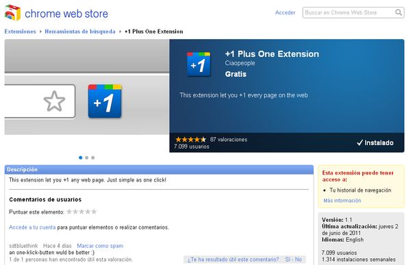 +1 Plus One Extension, descubre cuántos +1 ha recibido un sitio (Chrome)