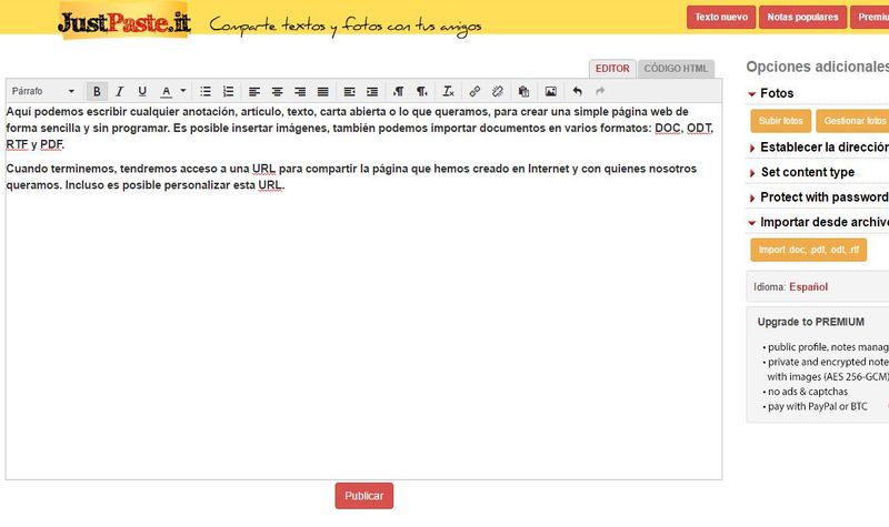 JustPaste: crea gratis sencillas páginas con texto e imágenes para compartir