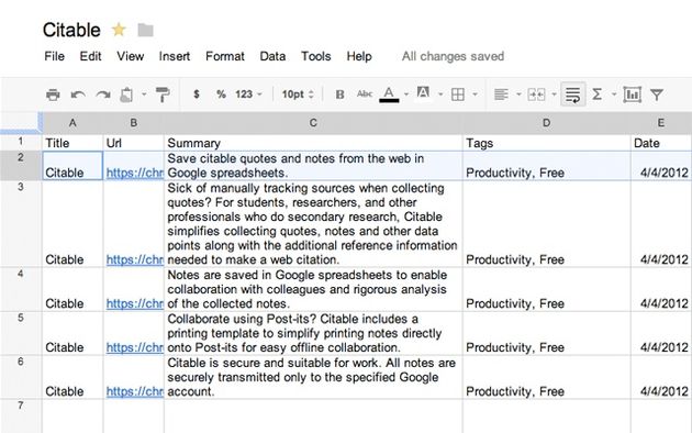 Citable: toma anotaciones y apuntes que se guardan automáticamente como una hoja de cálculo en Google Docs (Chrome)