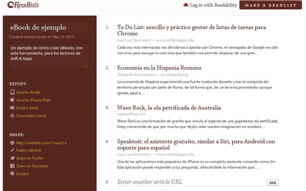 Readlists: recopila artículos de páginas web y conviértelos en un ePub para descargar, enviar a Kindle, iPhone o iPad