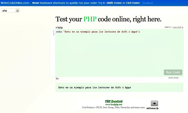 WriteCodeOnline, testea online tu código en JavaScript o PHP