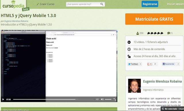 Un vídeo curso gratuito, y en español, de HTML5 y jQuery Mobile