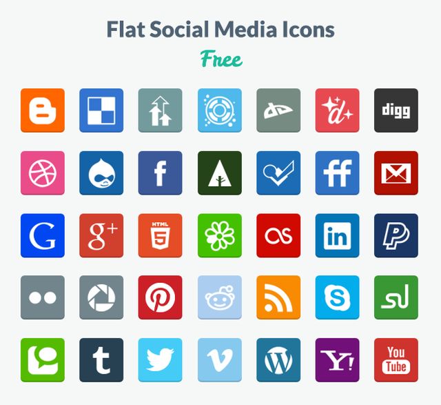 Free Flat Social Media Icons, set con 35 iconos sociales gratuitos