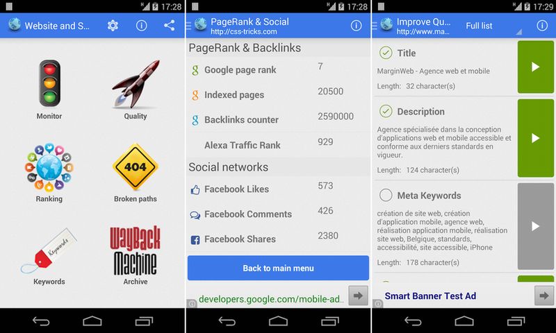 App Android con informes SEO, tráfico y sociales de tus páginas
