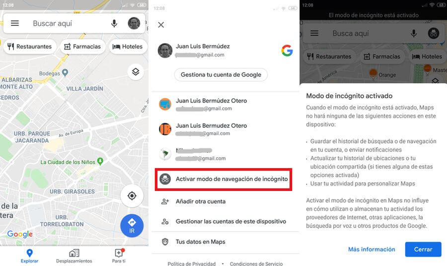 Modo incógnito en Google Maps en Android