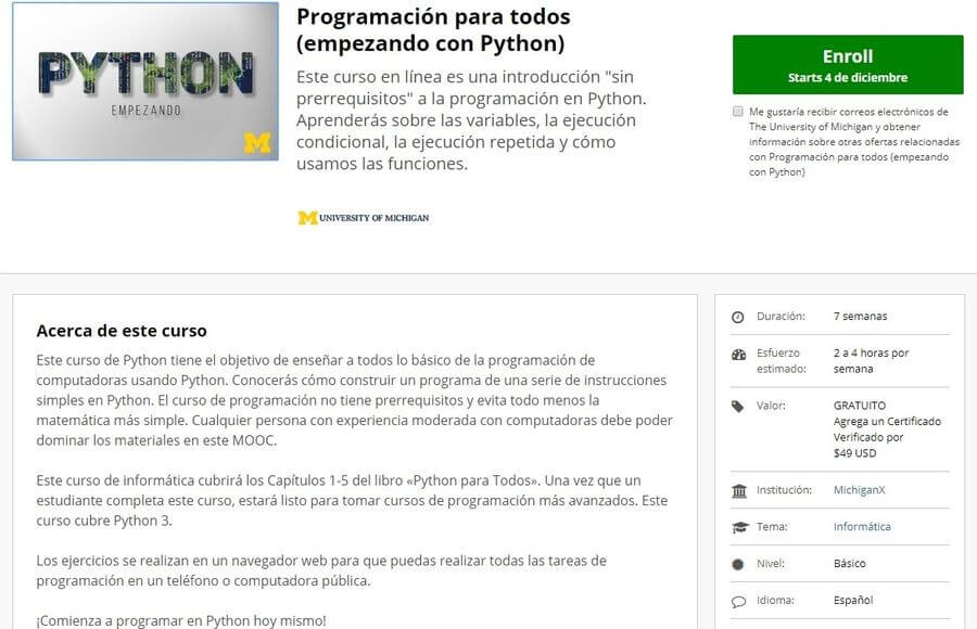 Curso de iniciación a Python en español y gratuito para seguir online