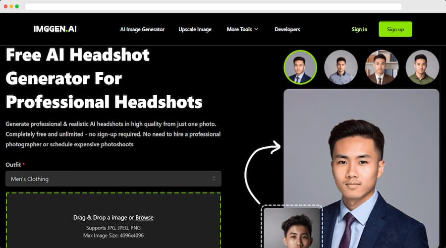 Crear retratos profesionales con IA: ImgGen AI Headshot Generator