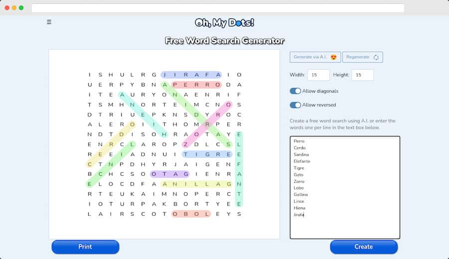 Crear sopas de letras con IA y gratis: Free Word Search Generator